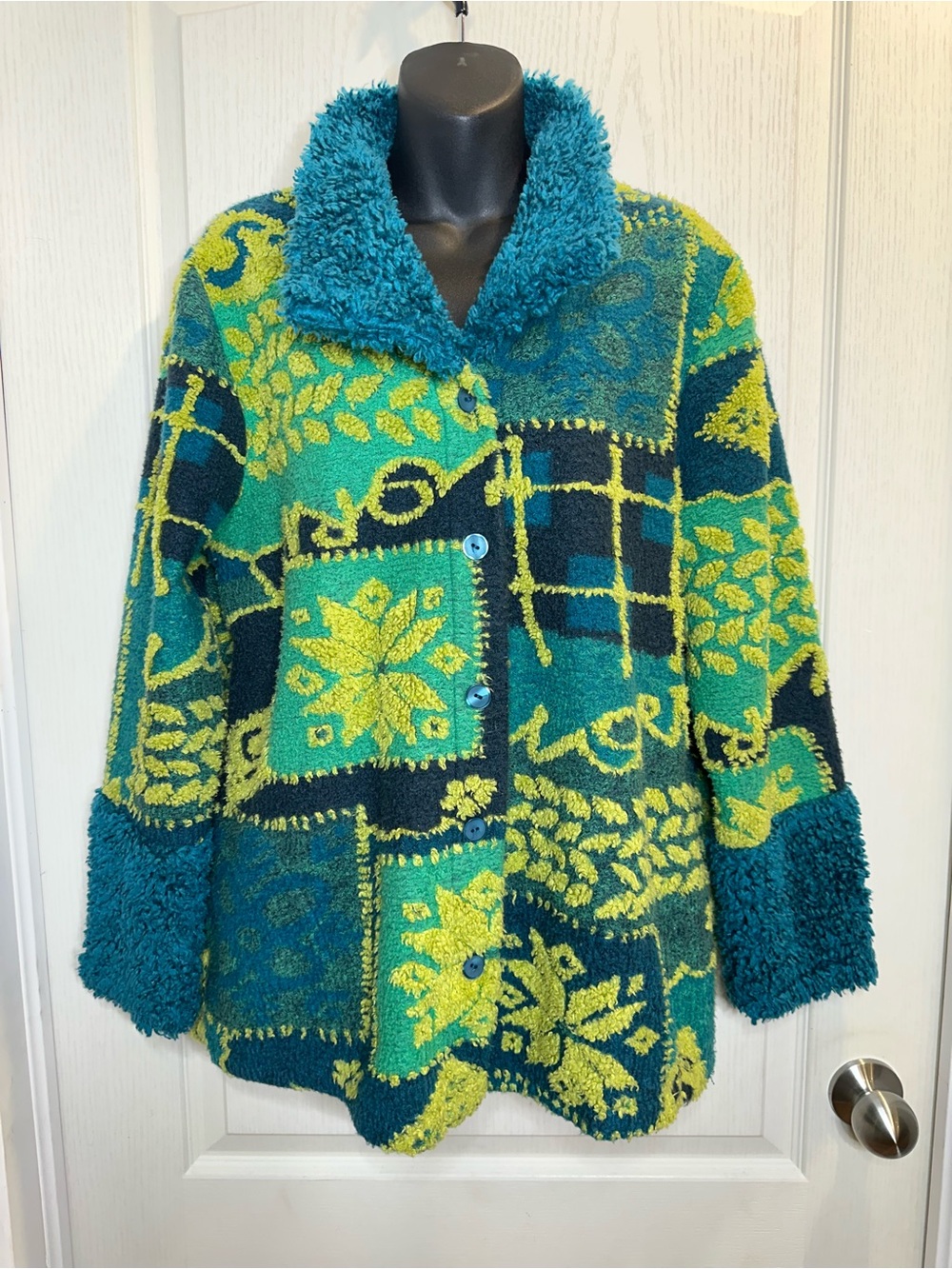 Vintage Teal & Lime Patchwork Style Fuzzy Button Jacket - Women sz L